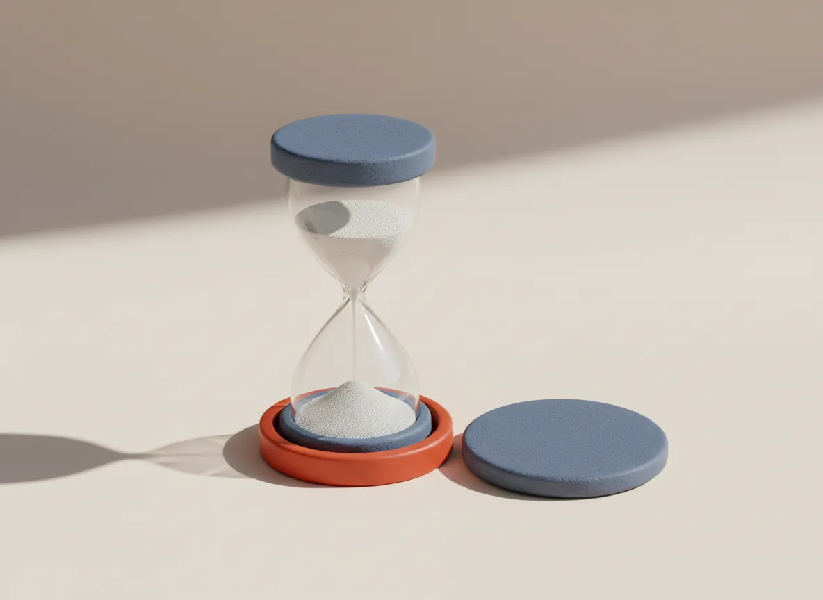 Still life: a slate hourglass with white sand on a red ring beside a slate dial
