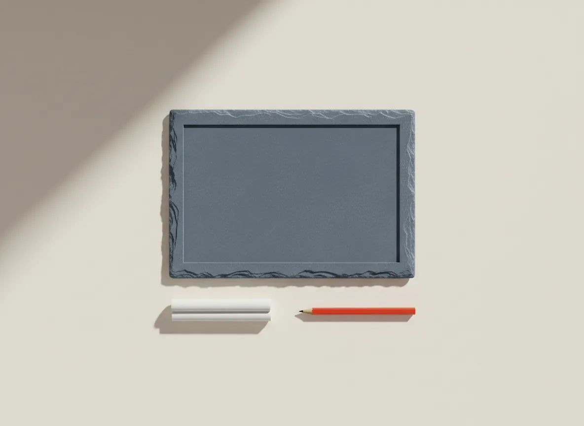 Still life: a small blank slate board with two sticks of chalk and a red pencil