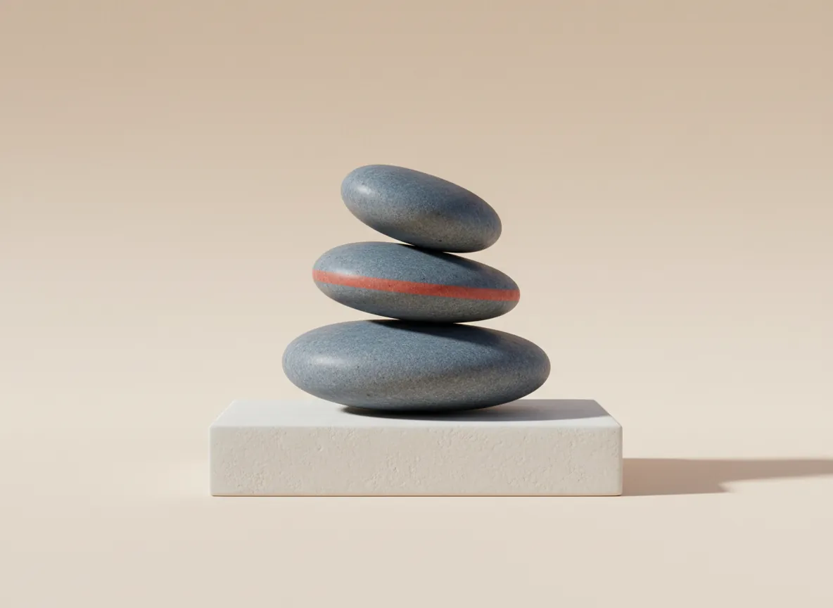 Still life: three slate pebbles balanced on a white plinth, the middle one banded red