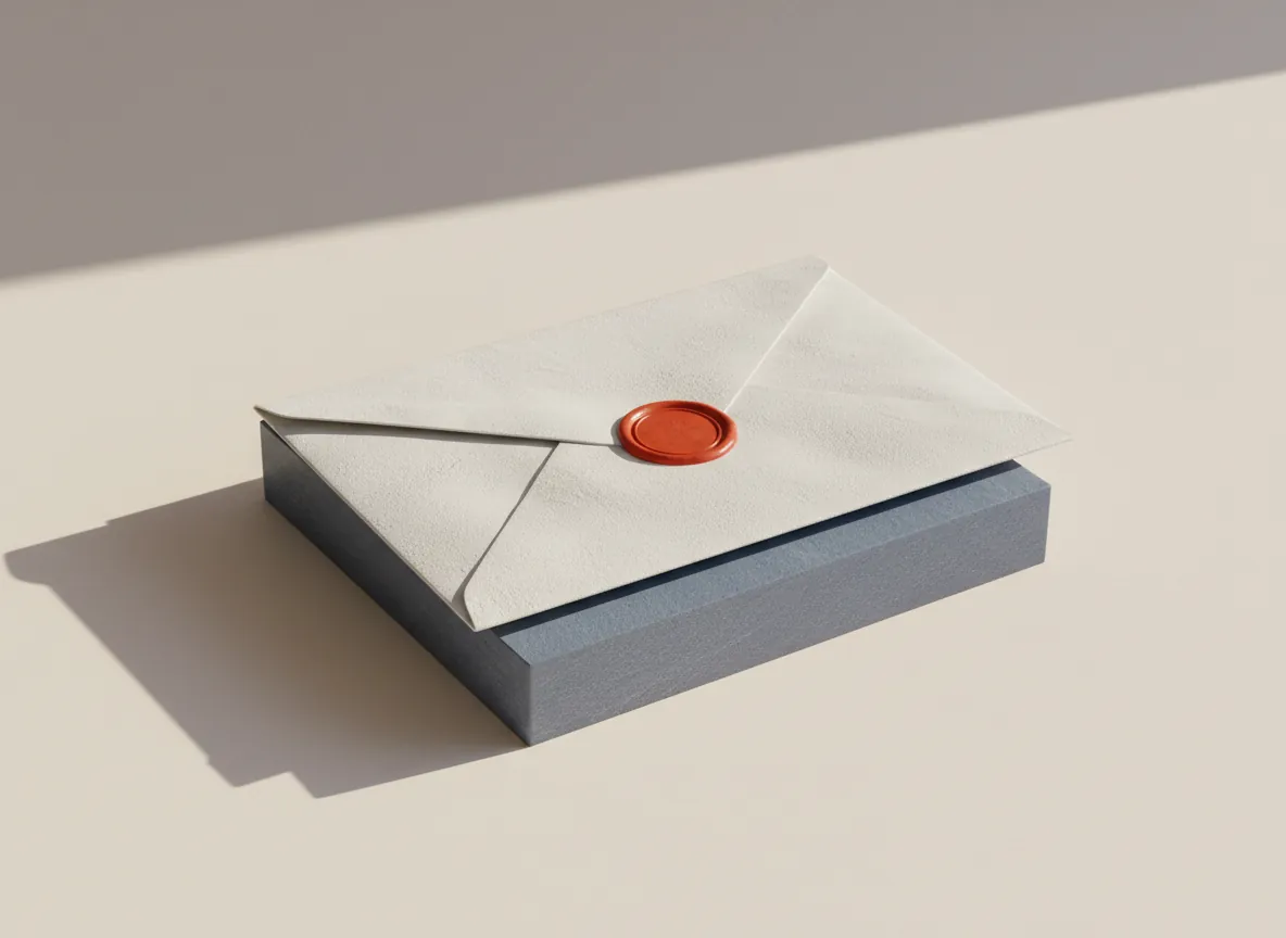 Still life: a white envelope with a plain red wax seal on a slate block