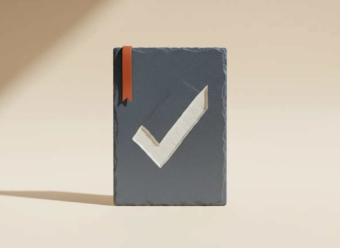 Still life: an upright slate tablet carved with a white tick and a red ribbon