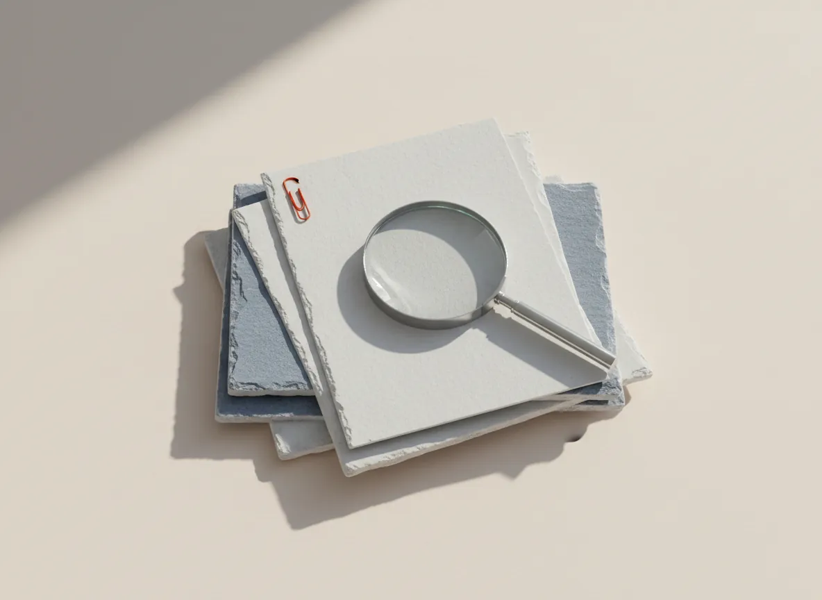 Still life: a stack of slate and paper sheets with a magnifying lens and a red clip